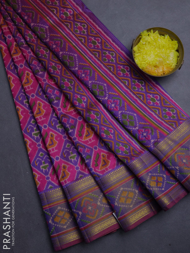 Semi tussar saree pink and blue with allover patola prints and ikat woven zari border