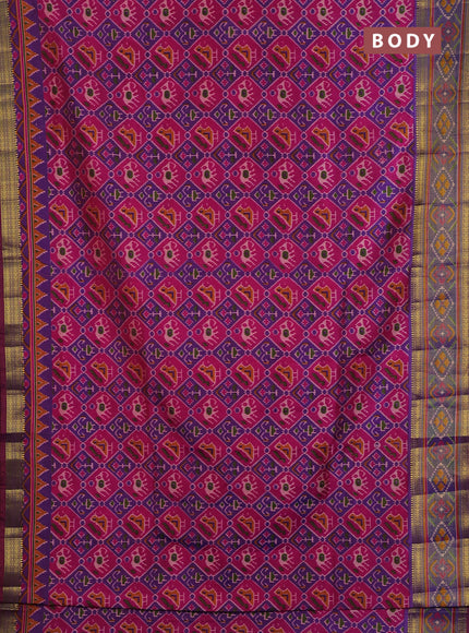 Semi tussar saree pink and blue with allover patola prints and ikat woven zari border