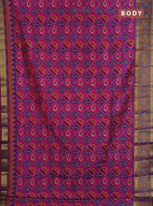 Semi tussar saree pink and blue with allover patola prints and ikat woven zari border