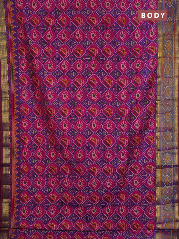 Semi tussar saree pink and blue with allover patola prints and ikat woven zari border