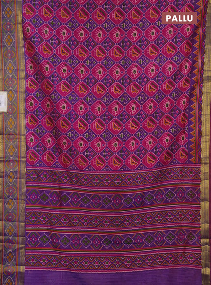 Semi tussar saree pink and blue with allover patola prints and ikat woven zari border