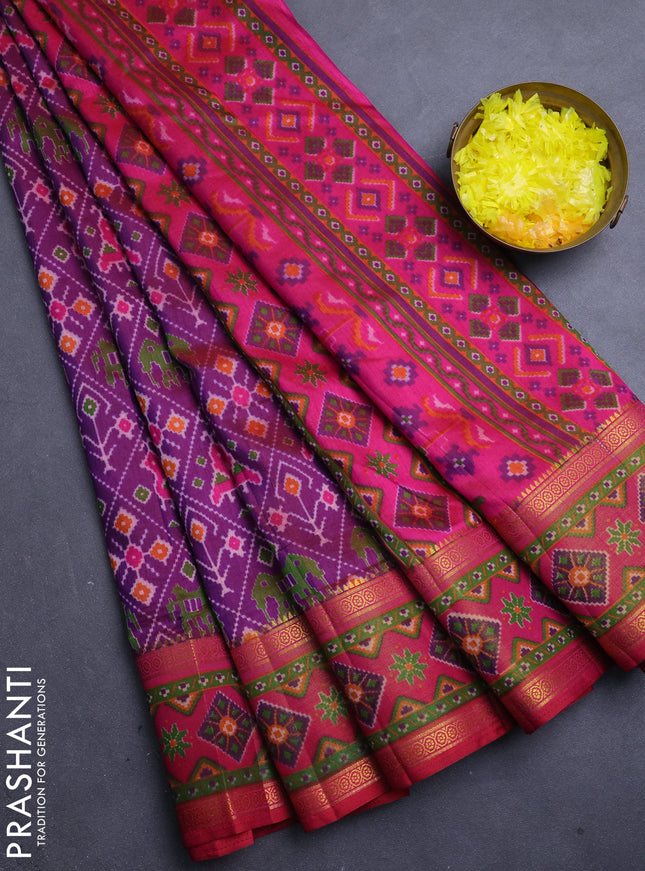 Semi tussar saree purple and pink with allover patola prints and ikat woven zari border