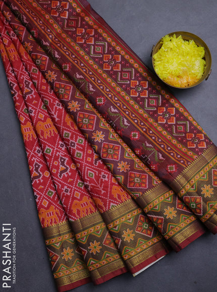Semi tussar saree red and maroon with allover patola prints and ikat zari woven border