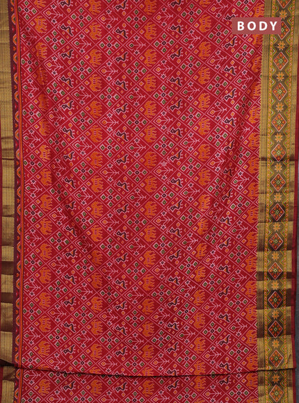 Semi tussar saree red and maroon with allover patola prints and ikat zari woven border
