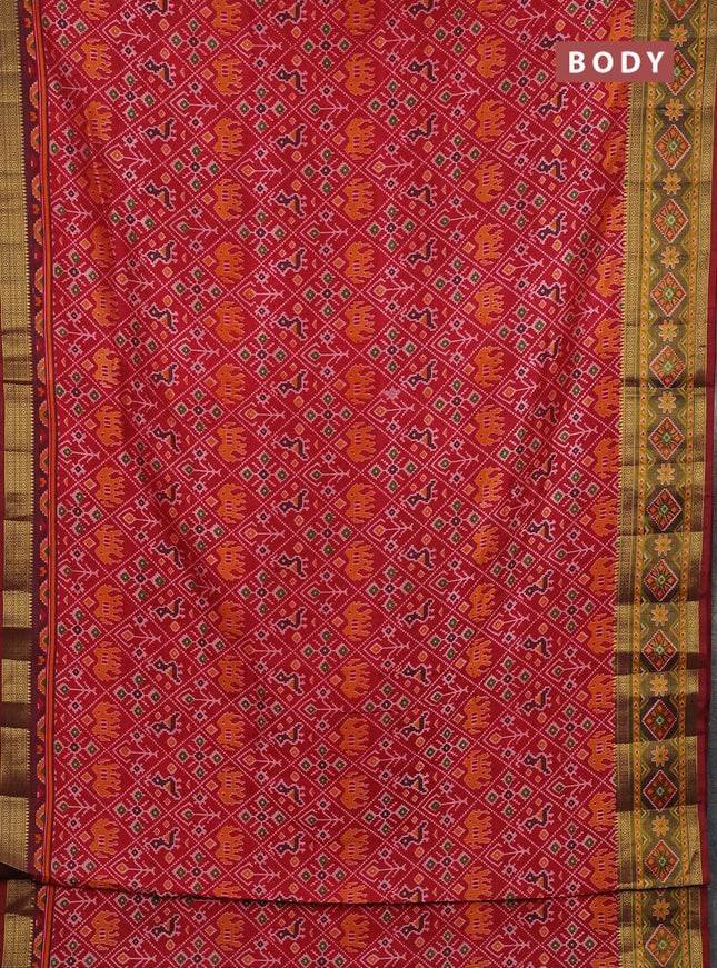 Semi tussar saree red and maroon with allover patola prints and ikat zari woven border