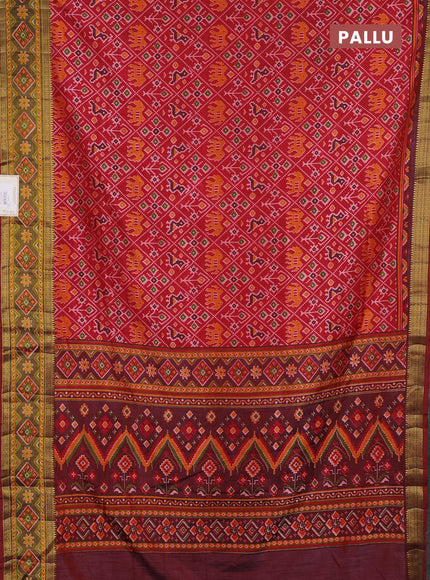 Semi tussar saree red and maroon with allover patola prints and ikat zari woven border