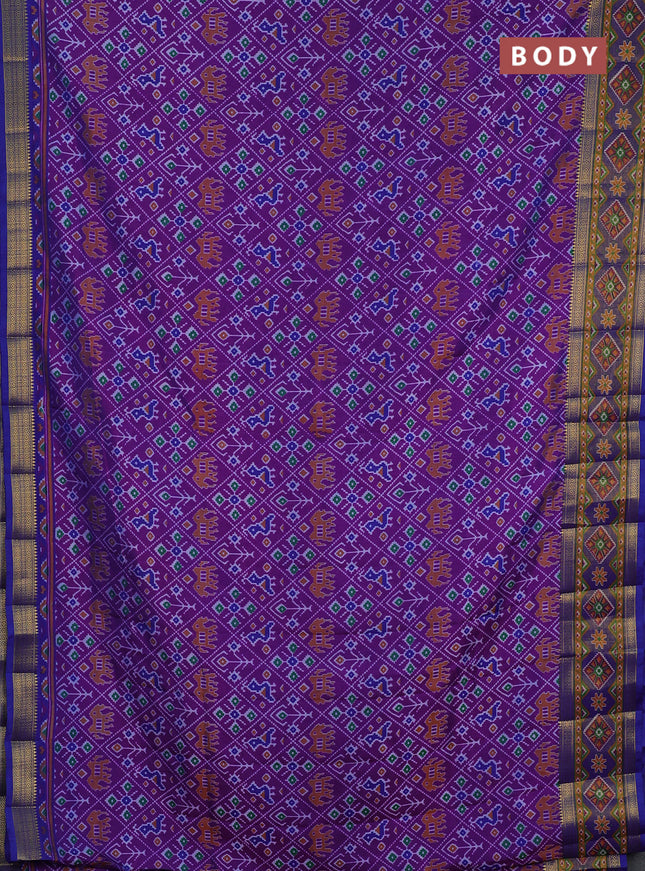 Semi tussar saree purple and blue with allover patola prints and ikat zari woven border