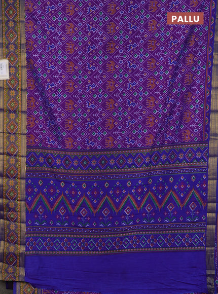 Semi tussar saree purple and blue with allover patola prints and ikat zari woven border