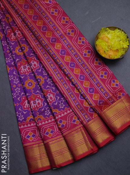 Semi tussar saree purple and pink with allover patola prints and zari woven border