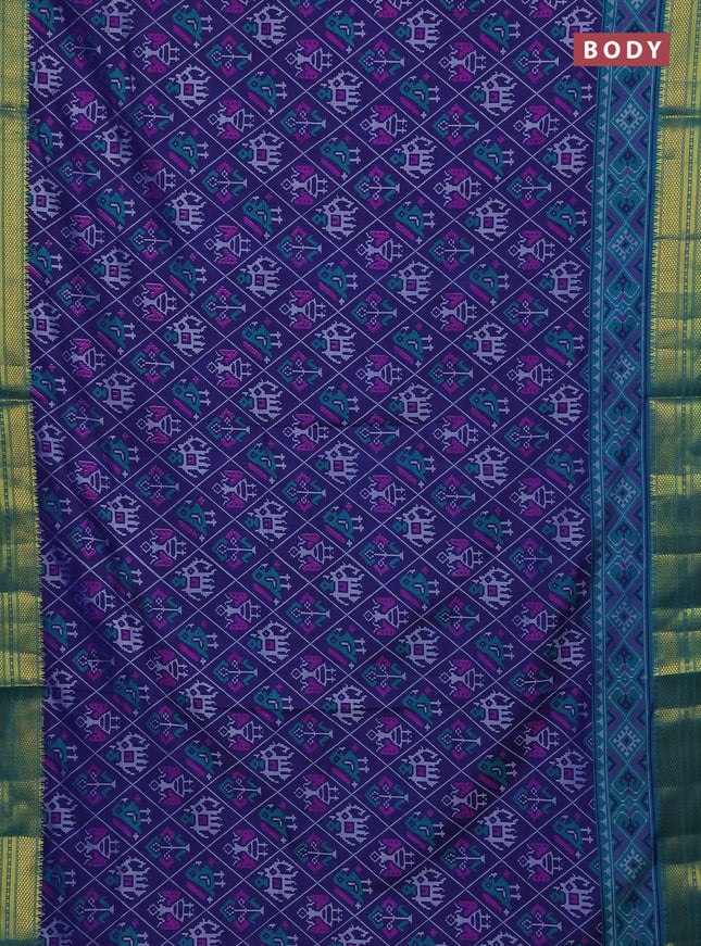 Semi tussar saree navy blue and teal green with allover patola prints and zari woven border