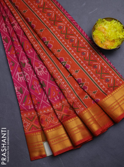 Semi tussar saree pink and orange with allover patola prints and zari woven border