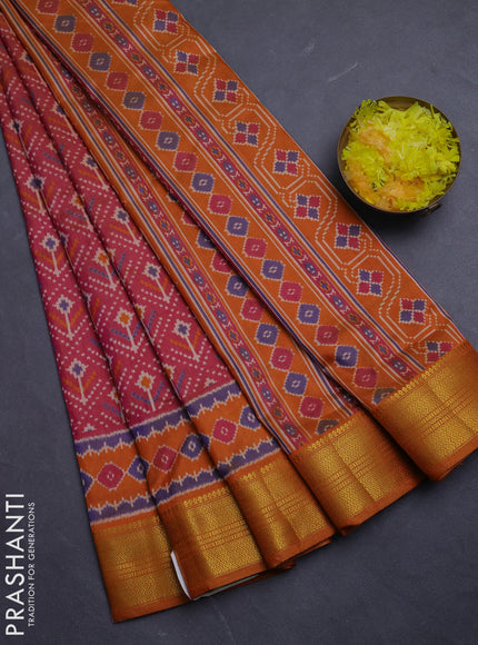 Semi tussar saree dual shade of pinkish orange with allover ikat prints and zari woven border