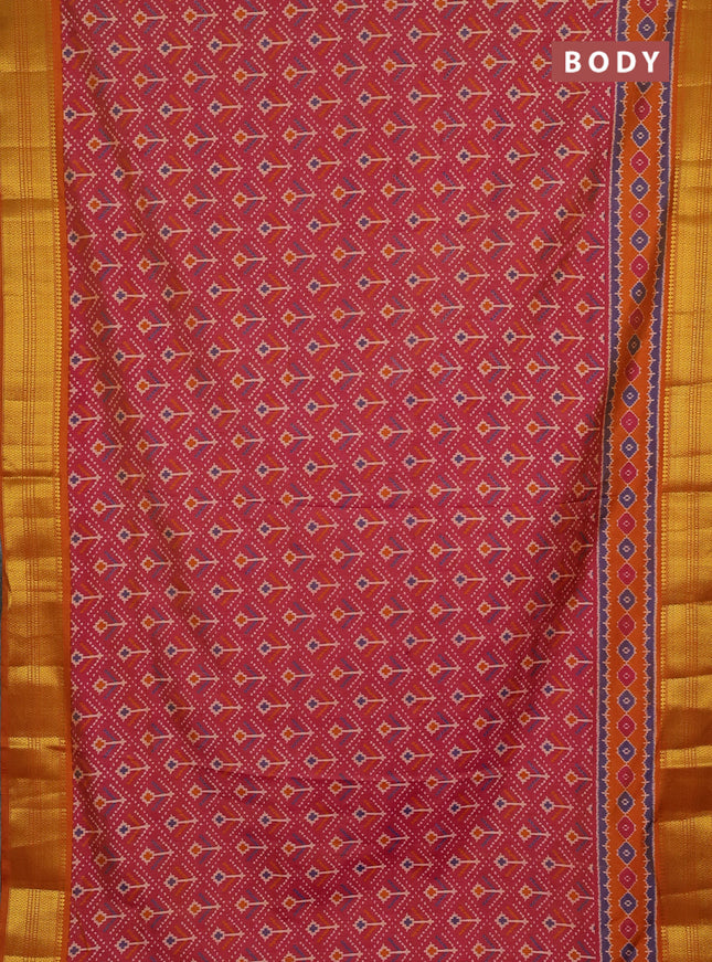 Semi tussar saree dual shade of pinkish orange with allover ikat prints and zari woven border
