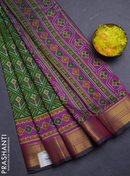 Semi tussar saree light green and purple with allover ikat prints and zari woven border