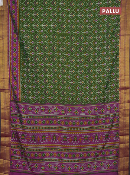 Semi tussar saree light green and purple with allover ikat prints and zari woven border