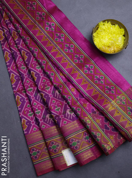 Semi tussar saree purple and pink with allover patola prints and ikat zari woven border