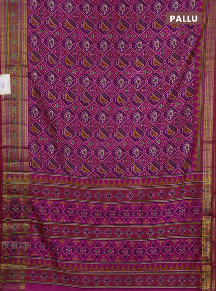 Semi tussar saree purple and pink with allover patola prints and ikat zari woven border