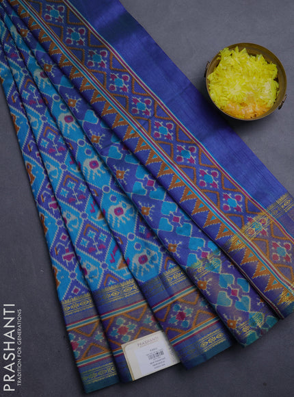 Semi tussar saree blue and purple with allover patola prints and ikat zari woven border