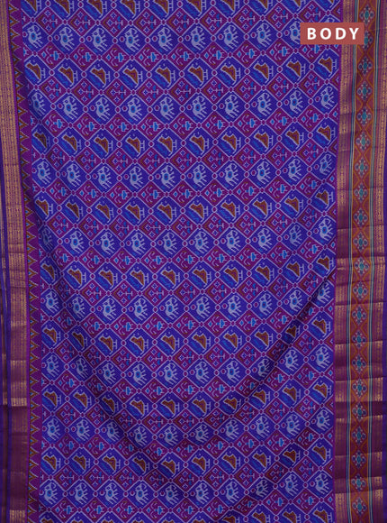 Semi tussar saree blue and dark pink with allover patola prints and ikat zari woven border