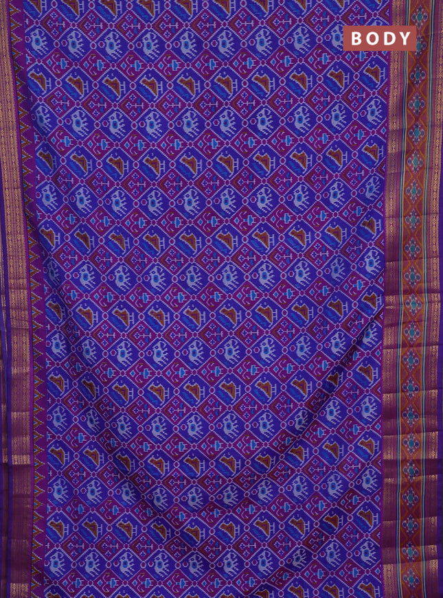 Semi tussar saree blue and dark pink with allover patola prints and ikat zari woven border