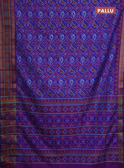 Semi tussar saree blue and dark pink with allover patola prints and ikat zari woven border