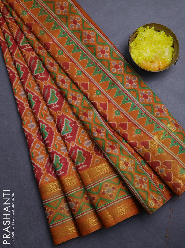 Semi tussar saree maroon and mustard yellow with allover patola prints and ikat zari woven border