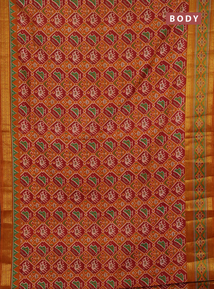 Semi tussar saree maroon and mustard yellow with allover patola prints and ikat zari woven border