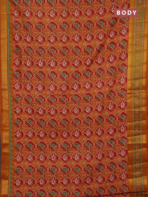 Semi tussar saree maroon and mustard yellow with allover patola prints and ikat zari woven border