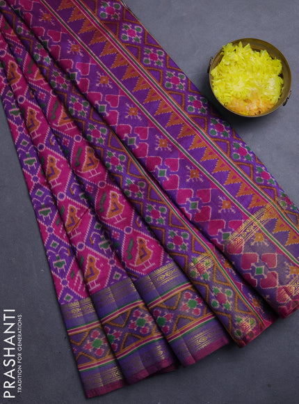 Semi tussar saree dark pink and purple with allover patola prints and ikat zari woven border