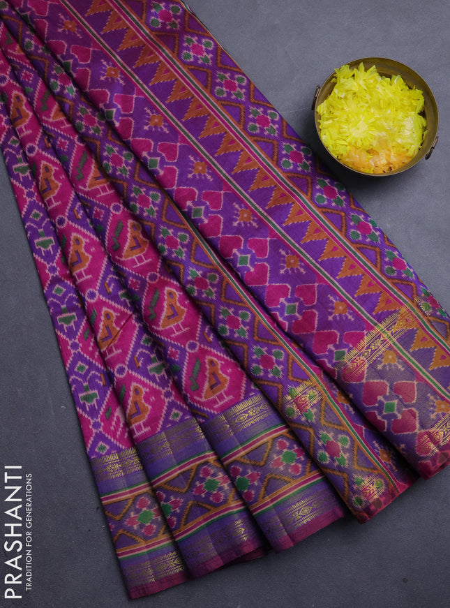 Semi tussar saree dark pink and purple with allover patola prints and ikat zari woven border