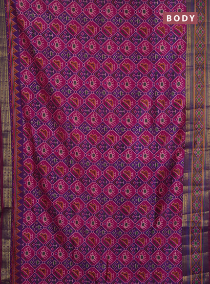 Semi tussar saree dark pink and purple with allover patola prints and ikat zari woven border
