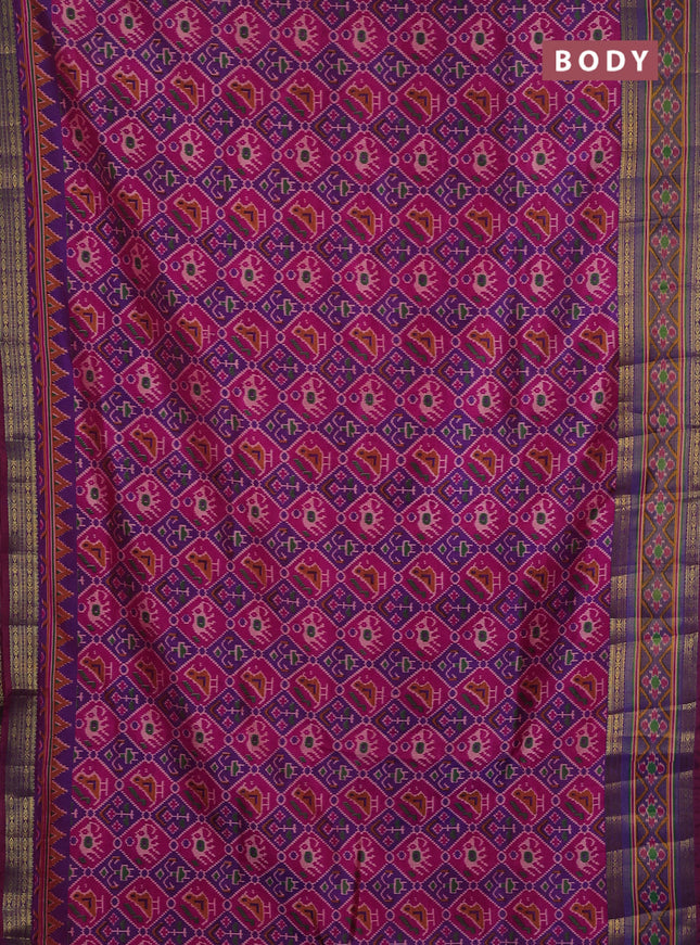 Semi tussar saree dark pink and purple with allover patola prints and ikat zari woven border