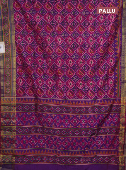Semi tussar saree dark pink and purple with allover patola prints and ikat zari woven border