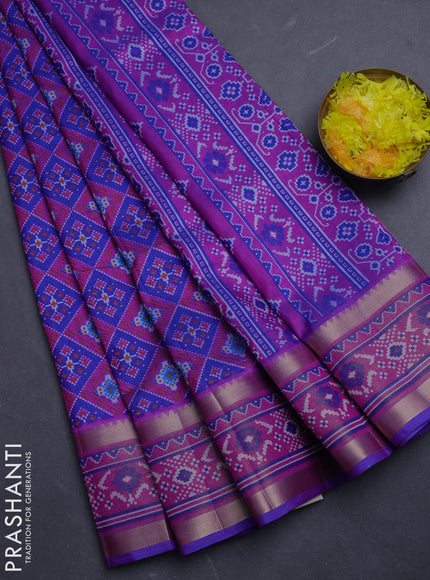 Semi tussar saree blue and pink with allover ikat prints and ikat zari woven border