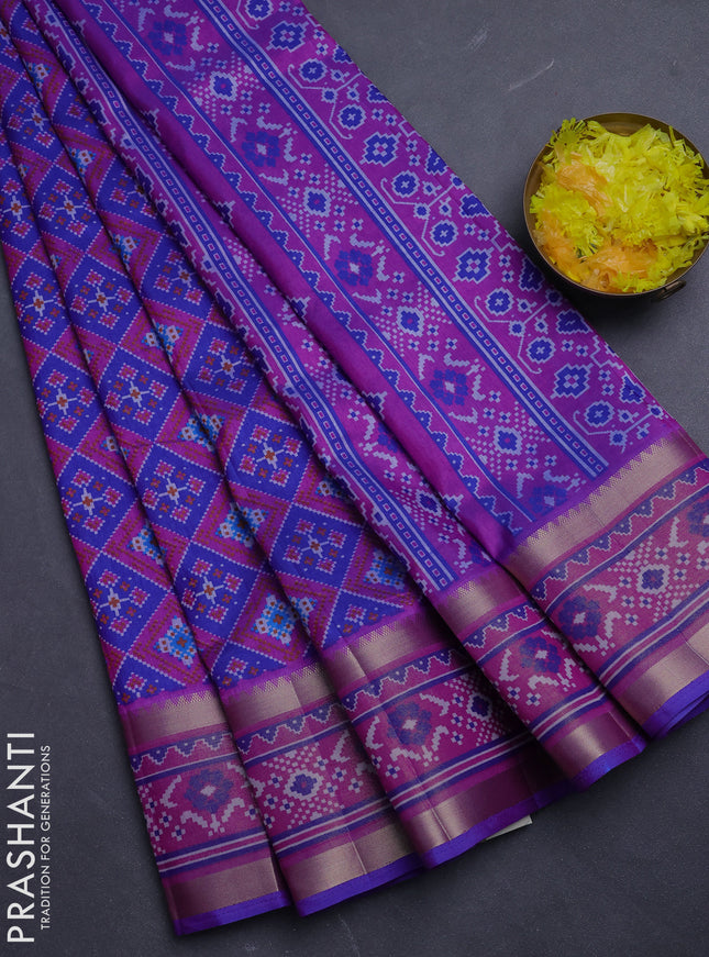 Semi tussar saree blue and pink with allover ikat prints and ikat zari woven border