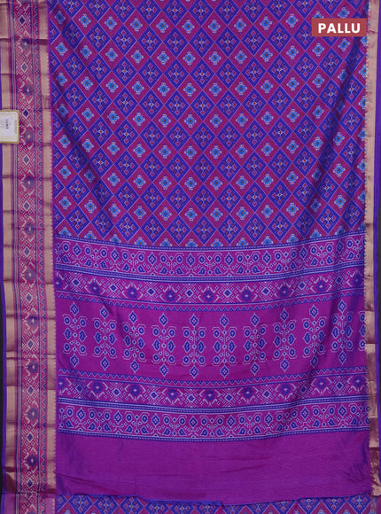 Semi tussar saree blue and pink with allover ikat prints and ikat zari woven border