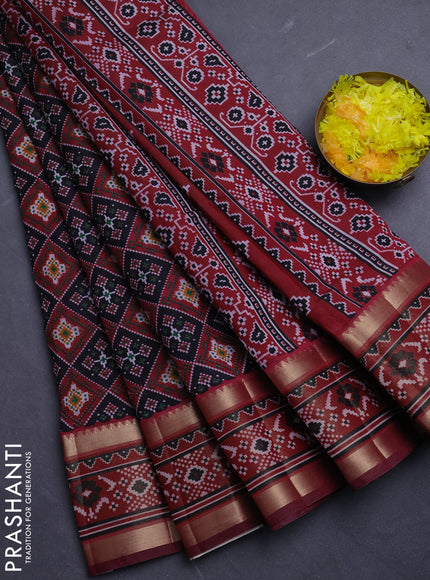 Semi tussar saree bottle green and maroon with allover ikat prints and ikat zari woven border
