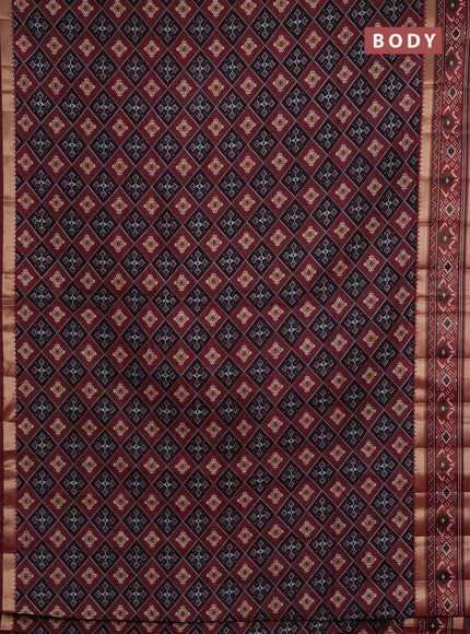 Semi tussar saree bottle green and maroon with allover ikat prints and ikat zari woven border