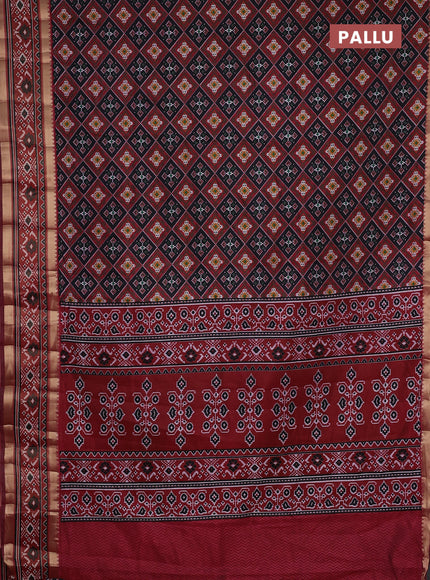 Semi tussar saree bottle green and maroon with allover ikat prints and ikat zari woven border
