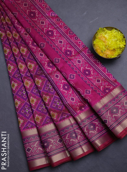 Semi tussar saree purple and dark pink with allover ikat prints and ikat zari woven border