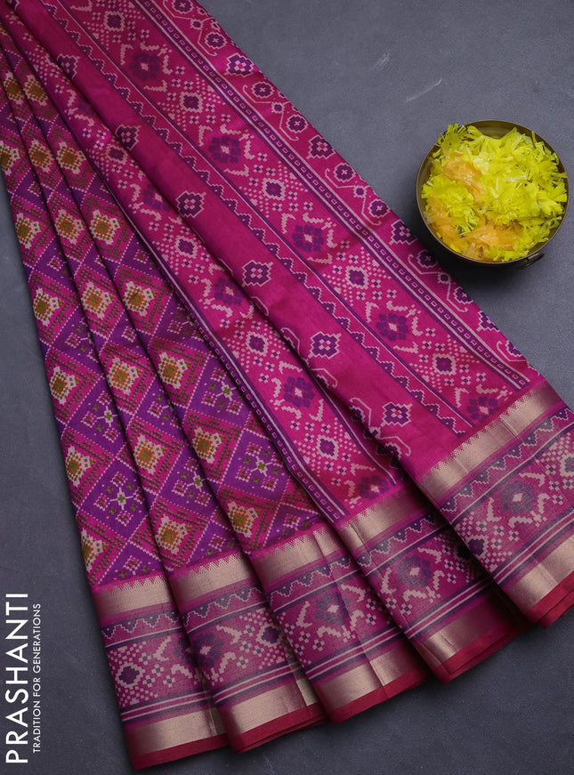 Semi tussar saree purple and dark pink with allover ikat prints and ikat zari woven border