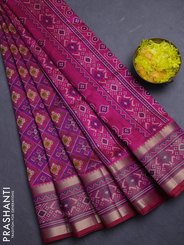 Semi tussar saree purple and dark pink with allover ikat prints and ikat zari woven border