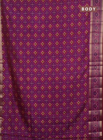 Semi tussar saree purple and dark pink with allover ikat prints and ikat zari woven border