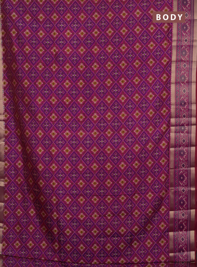 Semi tussar saree purple and dark pink with allover ikat prints and ikat zari woven border