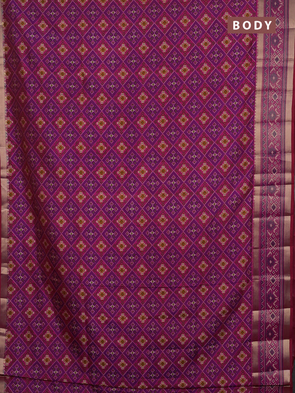 Semi tussar saree purple and dark pink with allover ikat prints and ikat zari woven border