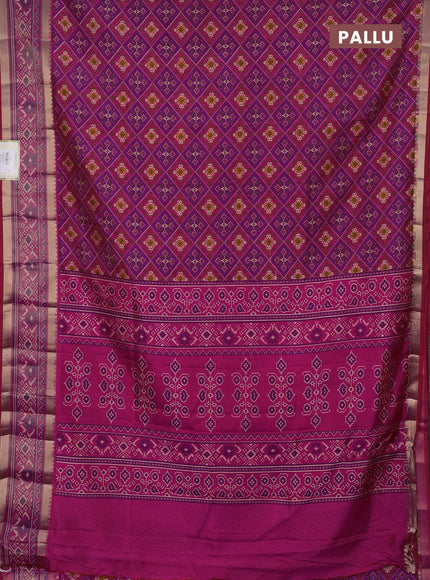 Semi tussar saree purple and dark pink with allover ikat prints and ikat zari woven border