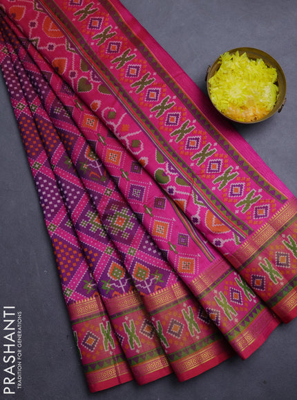 Semi tussar saree purple and pink with allover ikat prints and zari woven border