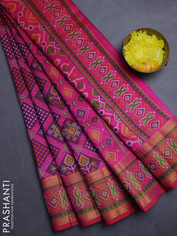 Semi tussar saree purple and pink with allover ikat prints and zari woven border
