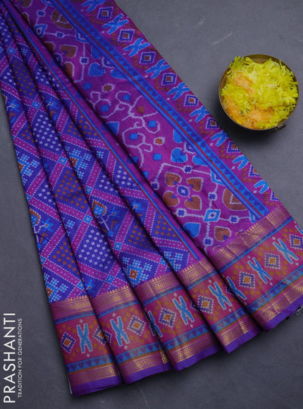 Semi tussar saree blue and pink with allover ikat prints and zari woven border