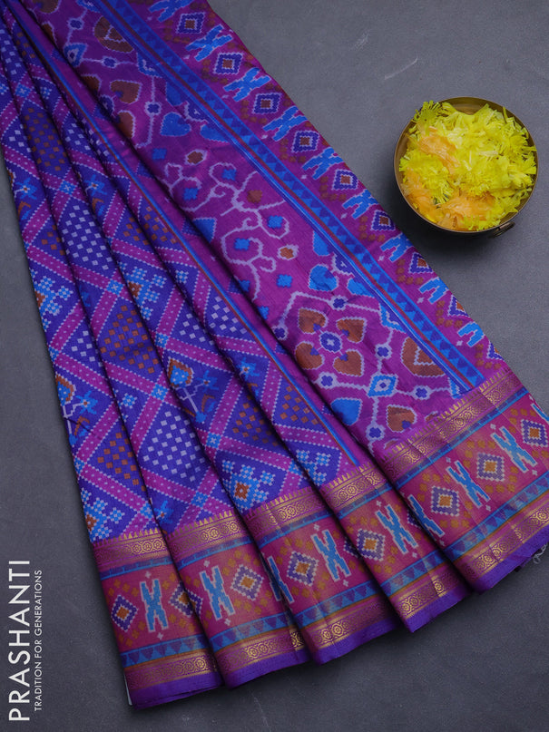 Semi tussar saree blue and pink with allover ikat prints and zari woven border